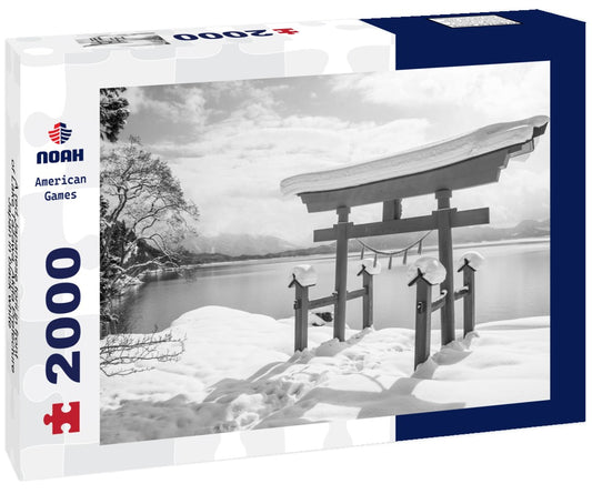Noah Jigsaw Puzzle A red Japanese torii in front of Lake Tazawa, Akita Prefecture, Japan in black white 2000 pieces