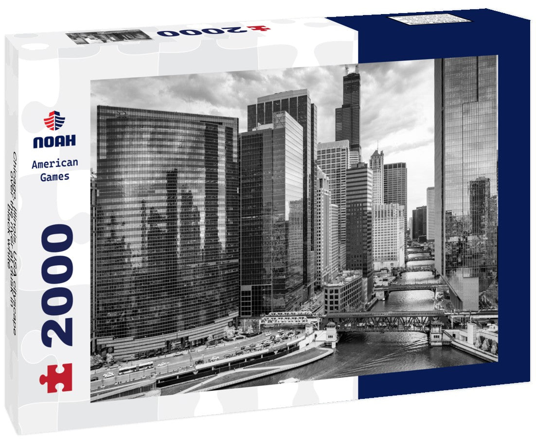 Noah Jigsaw Puzzle Chicago, Illinois, USA cityscape over the river at dusk in black white 2000 pieces