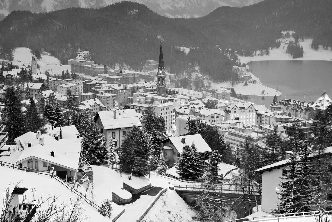 Winter terrace overlooking the world-famous ski resort of St. Moritz, Graubünden, Switzerland 2000pc PuzzleBlack and White