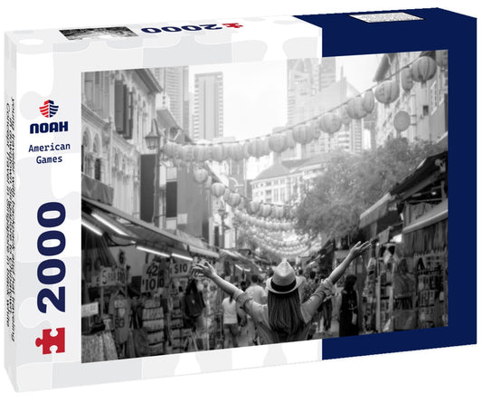 Noah Jigsaw Puzzle young traveler with backpack and hat traveling in downtown Singapore to Chinatown. Concept Travel in Singapore in black white 2000 pieces
