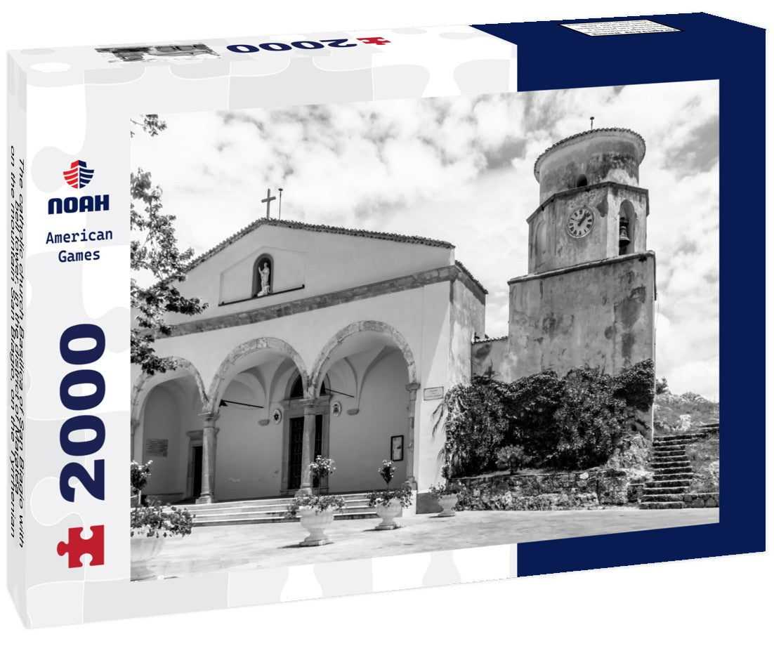 The catholic church Basilica of San Biagio with bell tower, in the district of Maratea, on the mountain San Biagio, on the Tyrrhenian seacoast in the south of Italy 2000pc PuzzleBlack and White