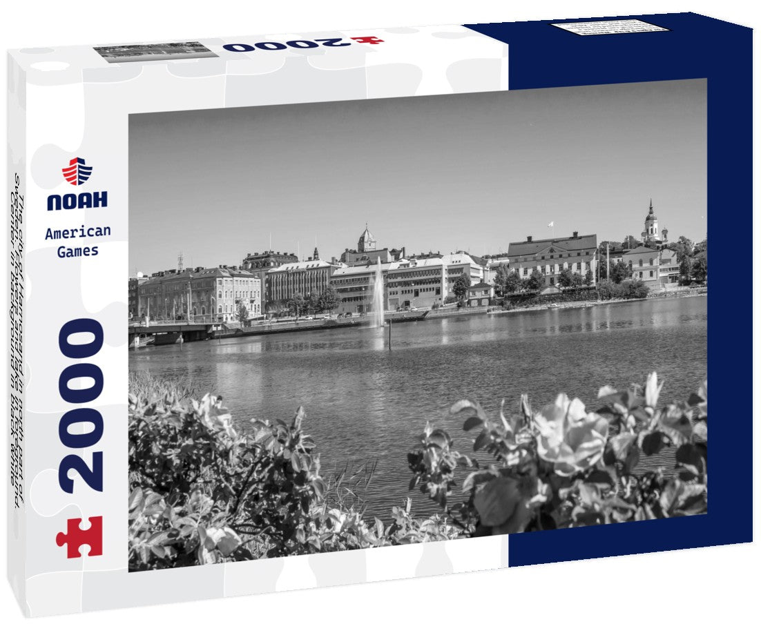 Noah Jigsaw Puzzle The city of Harnosand in north part of Sweden. Flowers and lake in foreground. Center in background in black white 2000 pieces