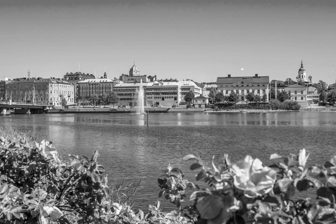 The city of Harnosand in north part of Sweden. Flowers and lake in foreground. Center in background 2000pc PuzzleBlack and White