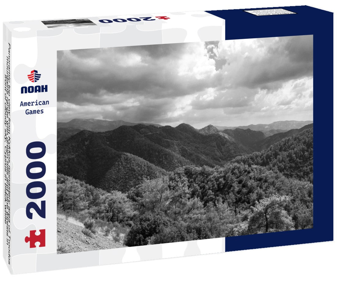 top view from Kykkos monastery area of Troodos mountains range with green hills and pine forests in front of cloudy sky, Cyprus 2000pc PuzzleBlack and White