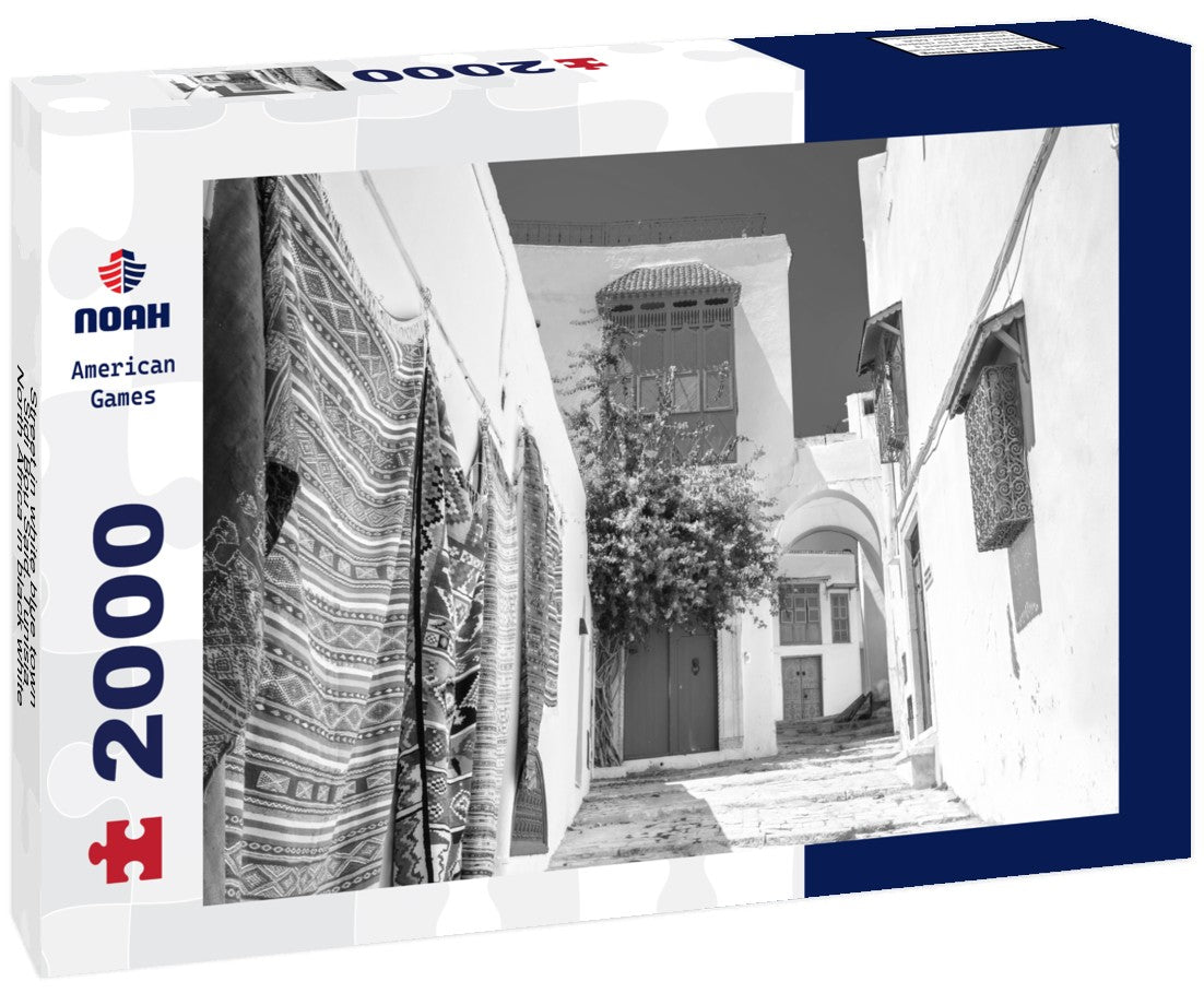 Noah Jigsaw Puzzle Street in white blue town Sidi Bou Said. Tunisia, North Africa in black white 2000 pieces