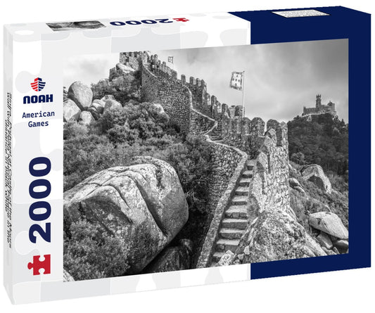 Noah Jigsaw Puzzle Sintra, Portugal at Castle of the Moors wall with Pena National Palace in the distance in black white 2000 pieces