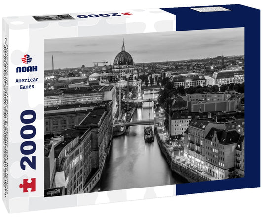 Noah Jigsaw Puzzle Panoramic view of the Berlin skyline with the famous TV tower and the Spree river in a beautiful sunset during the blue hour at dusk with dramatic colorful clouds, Mitte Berlin Mitte, Germany in black white 2000 pieces