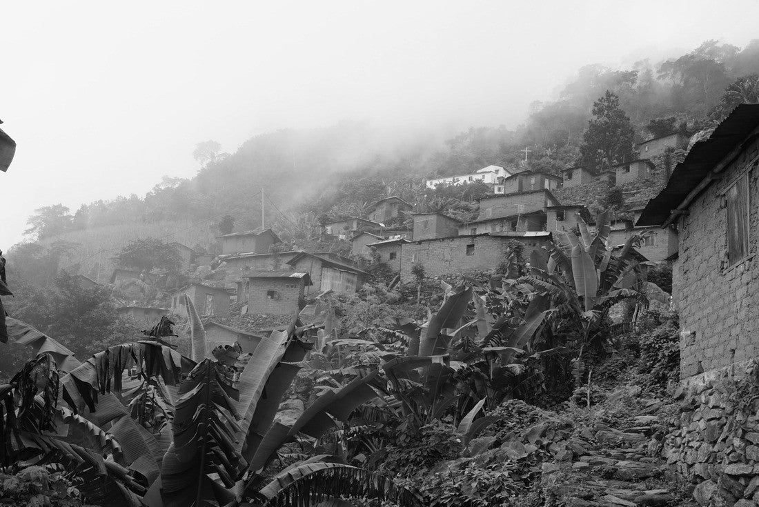 Noah Jigsaw Puzzle Small African village with houses on a mountain between banana trees on a mountain in Togo in black white 2000 pieces