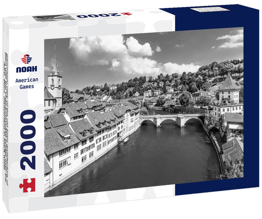 Noah Jigsaw Puzzle panoramic view of the old town architecture of Bern with the Untertorbryukke bridge over the Aare, Bern, Switzerland in black white 2000 pieces