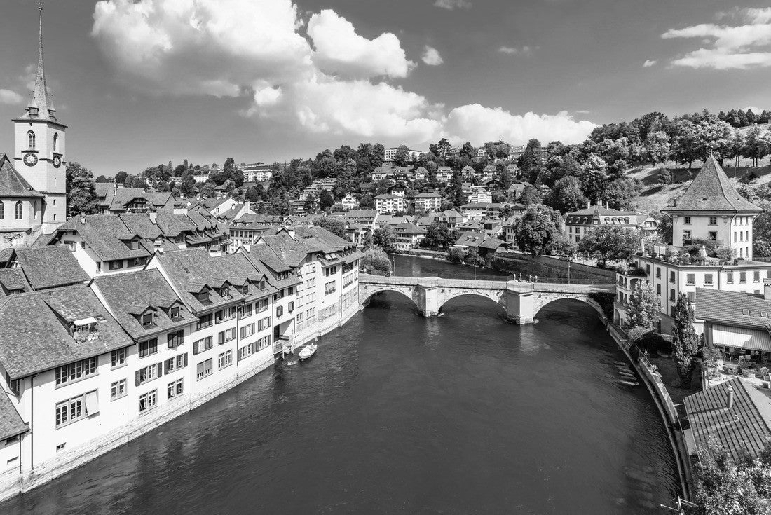 Noah Jigsaw Puzzle panoramic view of the old town architecture of Bern with the Untertorbryukke bridge over the Aare, Bern, Switzerland in black white 2000 pieces
