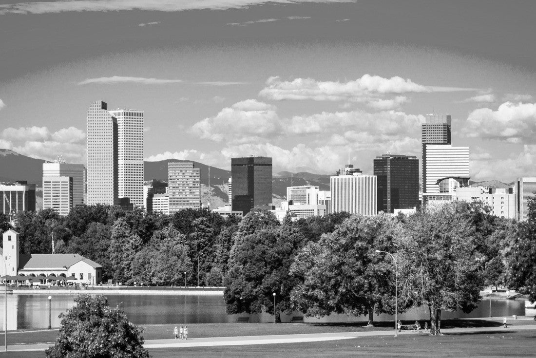 Green City Park View of Denver Colorado downtown skyline rising behind green city park tree line with Rocky Mountain background wide 2000pc PuzzleBlack and White