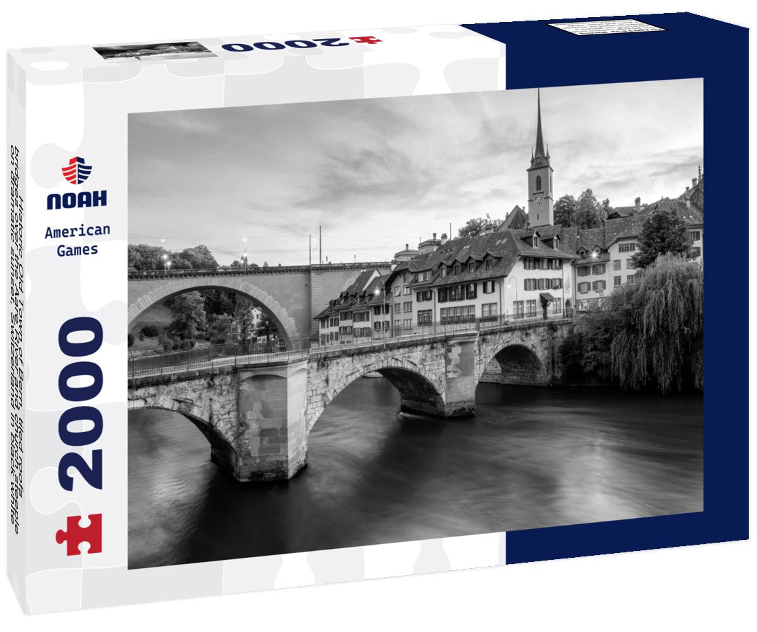 Historic Old Town of Bern, tiled roofs, bridges over the Aare River and church steeple on dramatic sunset, Switzerland 2000pc PuzzleBlack and White