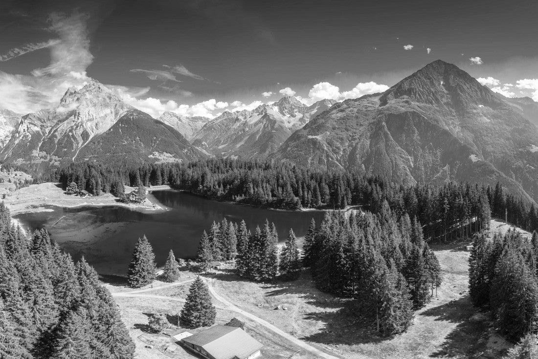 Arnisee with Swiss Alps. Arnisee is a reservoir in the Canton of Uri, Switzerland 2000pc PuzzleBlack and White