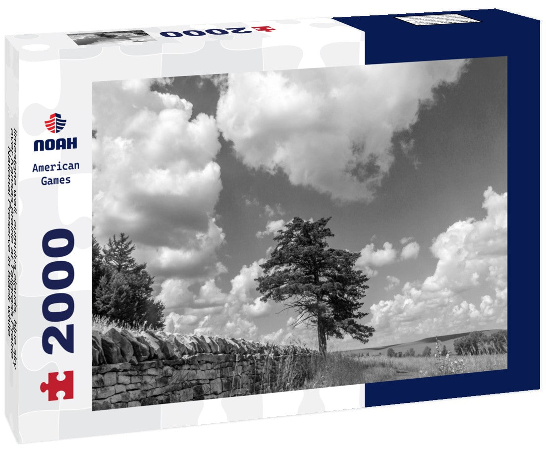 limestone wall, cumulus clouds, blue sky over Kansas prairie at Tallgrass Prairie National Preserve 2000pc PuzzleBlack and White