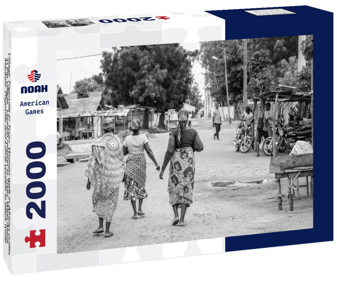 Noah Jigsaw Puzzle Village Togoville in Togo. Women walk in African outfits in the village. Voodoo religion in Togo, West Africa. Markets Togoville and Lomé voodoo in black white 2000 pieces