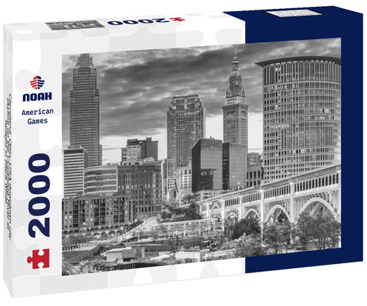 Noah Jigsaw Puzzle Cleveland, Ohio, USA downtown city skyline on the Cuyahoga River at twilight in black white 2000 pieces
