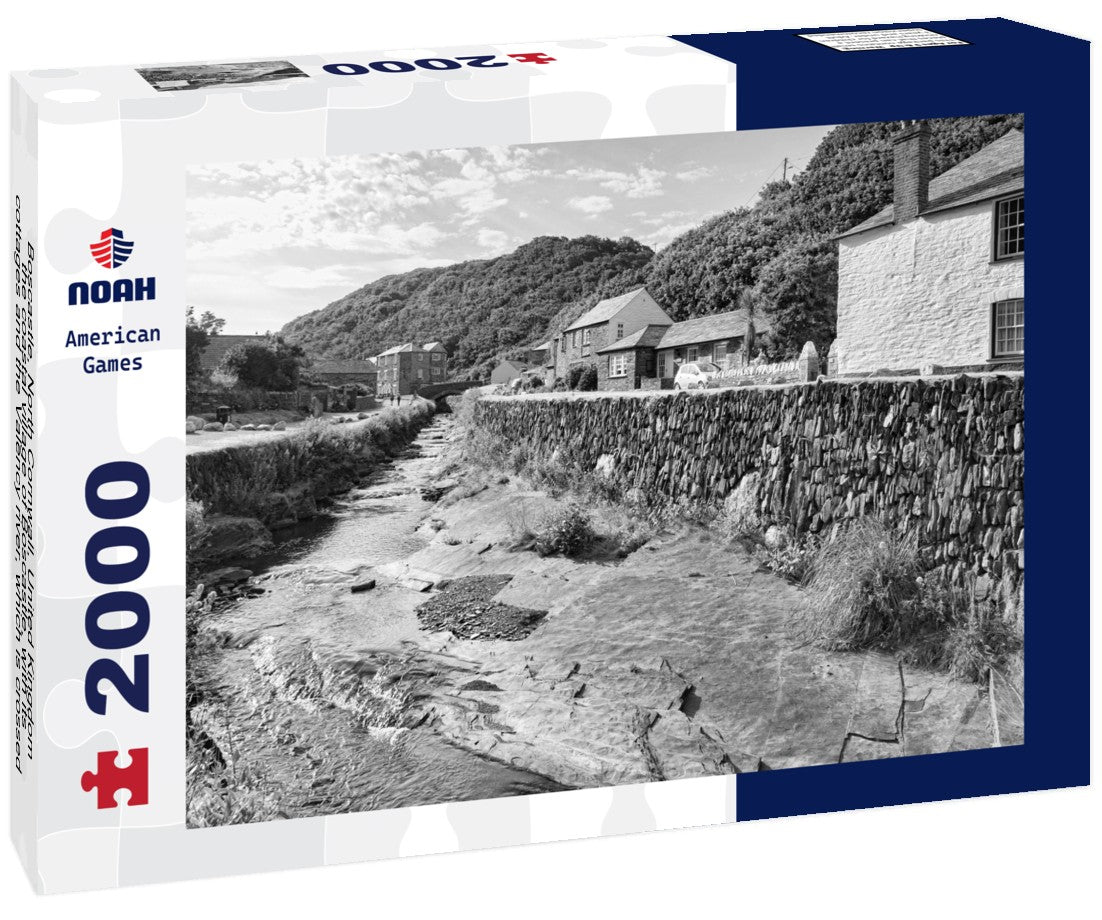 Boscastle, North Cornwall, United Kingdom - the coastal village of Boscastle, with its cottages and the Valency river, which is crossed by a slate stream 2000pc PuzzleBlack and White