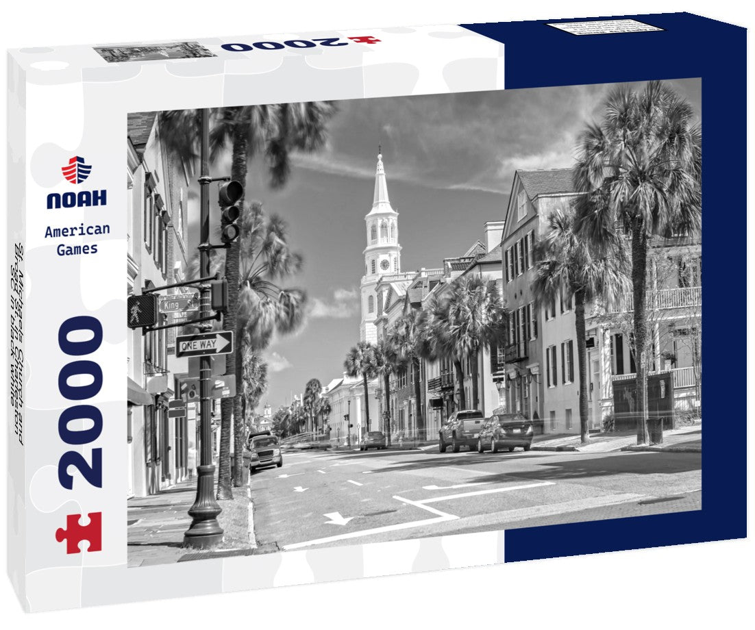 Noah Jigsaw Puzzle St. Michaels Church and Broad St. in Charleston, SC in black white 2000 pieces