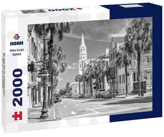 Noah Jigsaw Puzzle St. Michaels Church and Broad St. in Charleston, SC in black white 2000 pieces