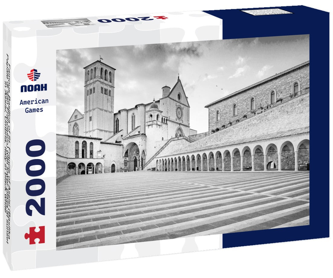 Famous Basilica of St. Francis of Assisi (Basilika Papale di San Francesco) with lower plaza at sunset in Assisi, Umbria, Italy 2000pc PuzzleBlack and White