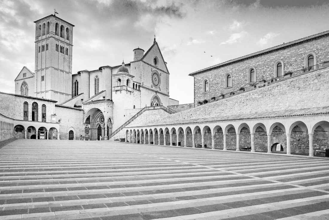Famous Basilica of St. Francis of Assisi (Basilika Papale di San Francesco) with lower plaza at sunset in Assisi, Umbria, Italy 2000pc PuzzleBlack and White