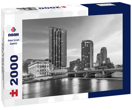 Noah Jigsaw Puzzle Grand Rapids, Michigan, USA downtown city skyline at the Grand River at dusk in black white 2000 pieces