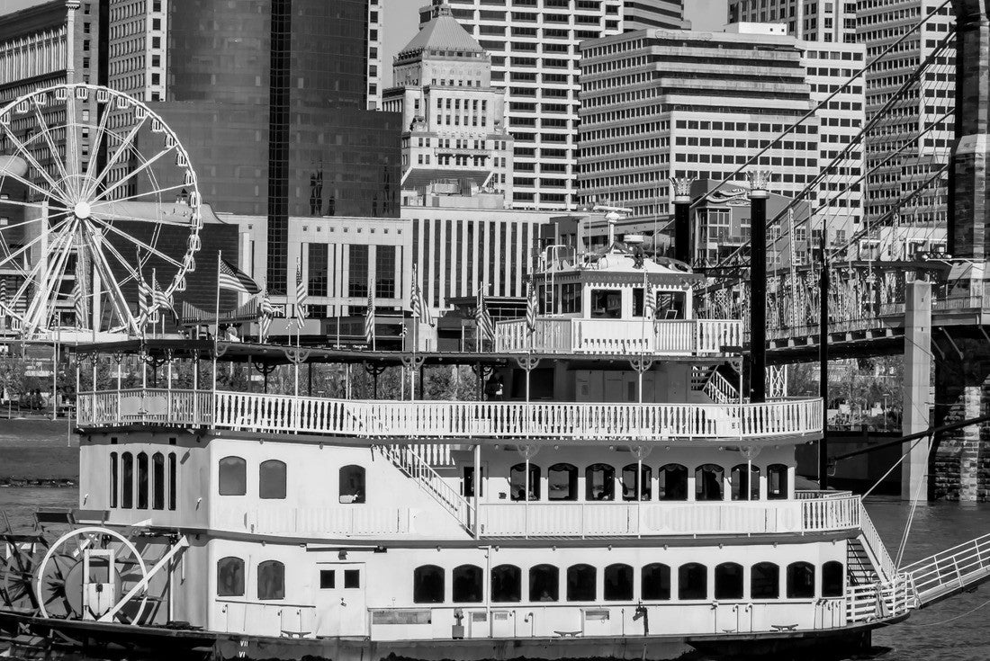 Colorful Cincinnati river front looking from Kentucky with steam boat and Farris wheel 2000pc PuzzleBlack and White