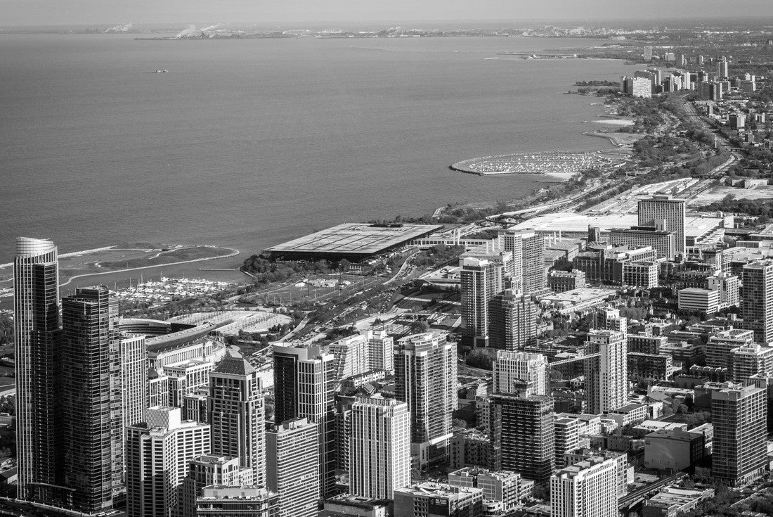 Aerial view looking out over the south shore of Chicago Illinois with the steel mills of Gary Indiana in the distance 2000pc PuzzleBlack and White