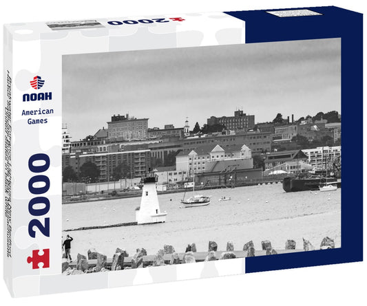 Noah Jigsaw Puzzle Breakwater Entrance Lightouse New Bedford Harbor Sailboats Buzzards Bay Massachusetts United States in black white 2000 pieces