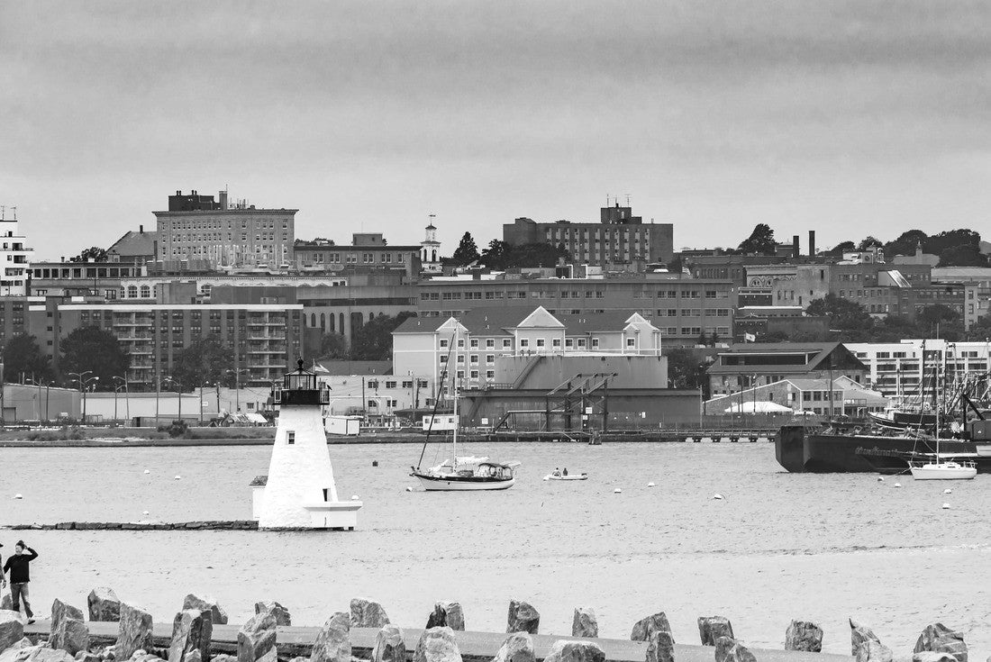 Noah Jigsaw Puzzle Breakwater Entrance Lightouse New Bedford Harbor Sailboats Buzzards Bay Massachusetts United States in black white 2000 pieces