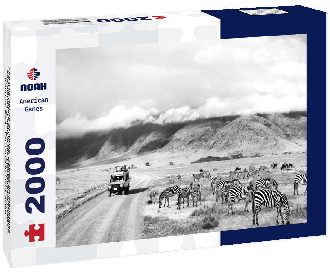 Noah Jigsaw Puzzle The wild nature of Africa. Zebras on mountains and clouds. Safari in the Ngorongoro Crater National Park. Tanzania in black white 2000 pieces