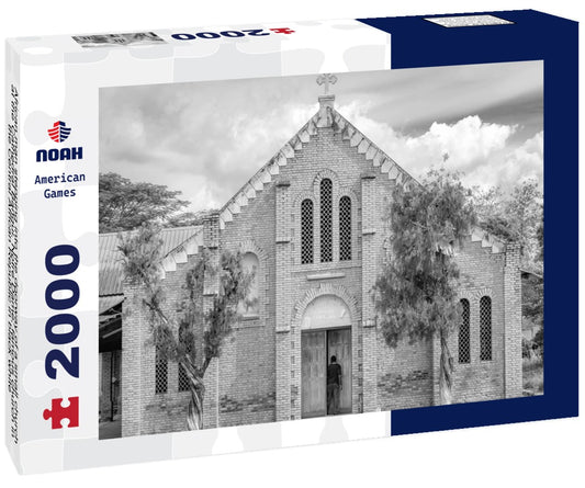 Noah Jigsaw Puzzle African man stepping into the doorway of a small church at the Cathedral Bangui, Notre Dame, famous church in the Central African Republic in black white 2000 pieces