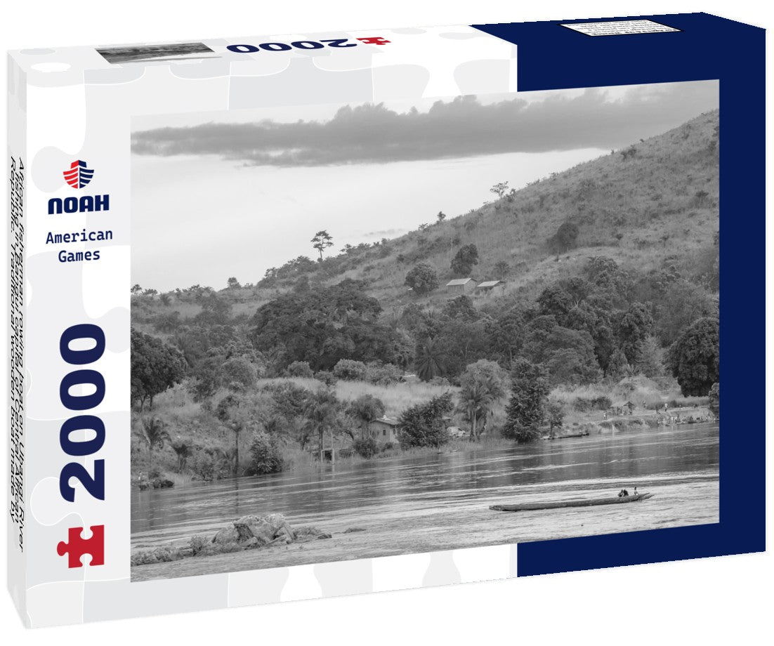 Noah Jigsaw Puzzle African fisherman rowing boat on Ubangi River, fishing in Bangui capital of Central African Republic. Traditional wooden boat made by African villagers in black white 2000 pieces