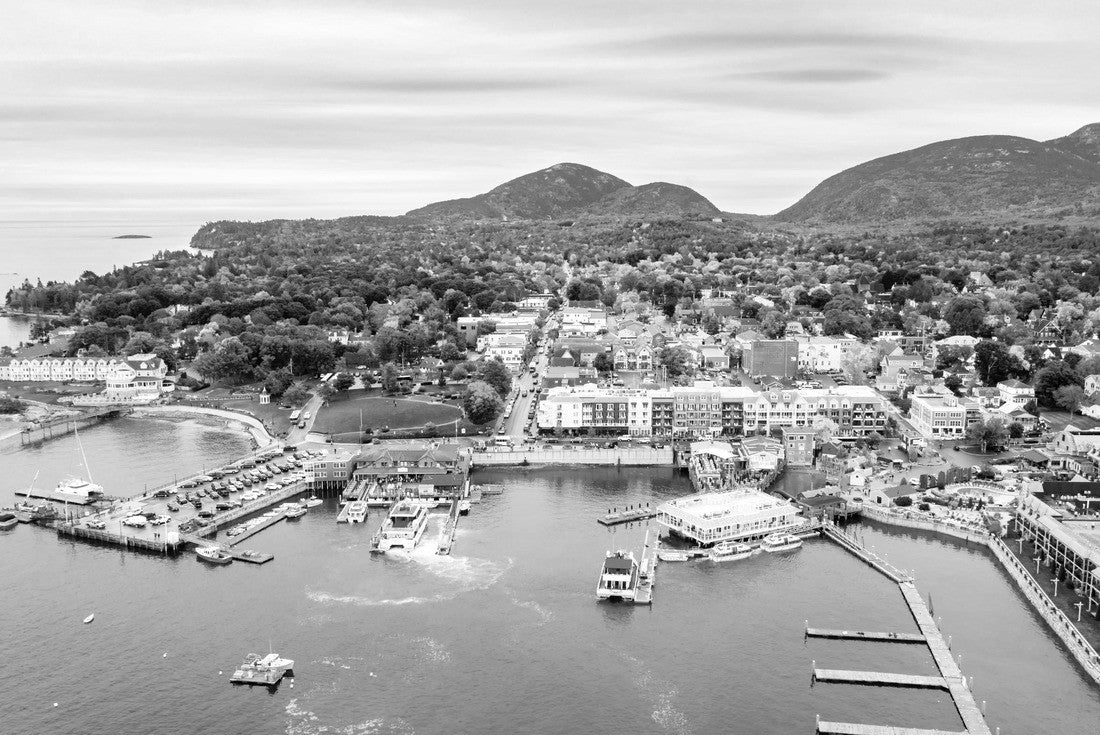 Aerial view of Bar Harbor, Maine. Bar Harbor is a town on the desert island in Hancock County, Maine and a popular tourist destination 2000pc PuzzleBlack and White
