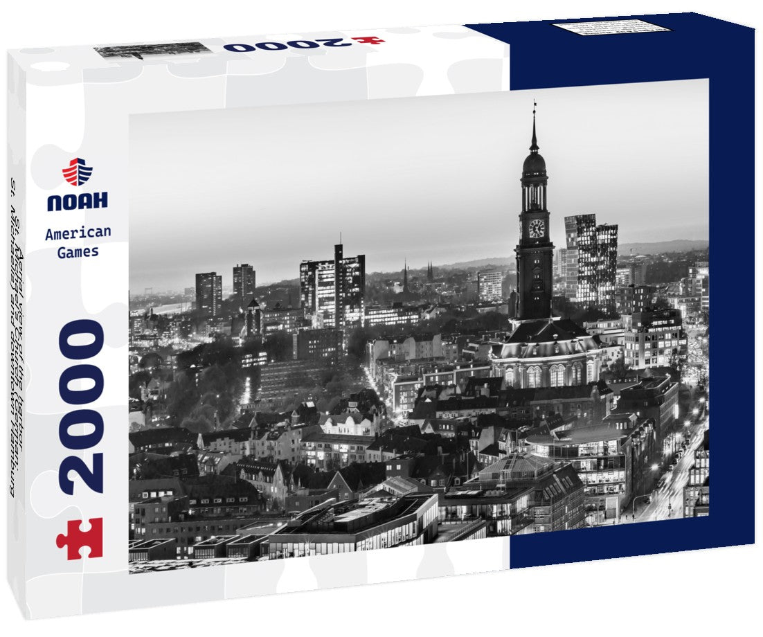 Aerial view of the harbor, St. Michael's Church (German: St. Michaelis) and downtown Hamburg, Germany 2000pc PuzzleBlack and White