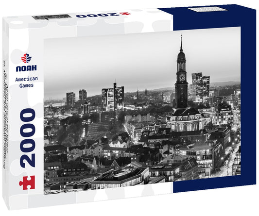 Noah Jigsaw Puzzle Aerial view of the harbor, St. Michael's Church (German: St. Michaelis) and downtown Hamburg, Germany in black white 2000 pieces