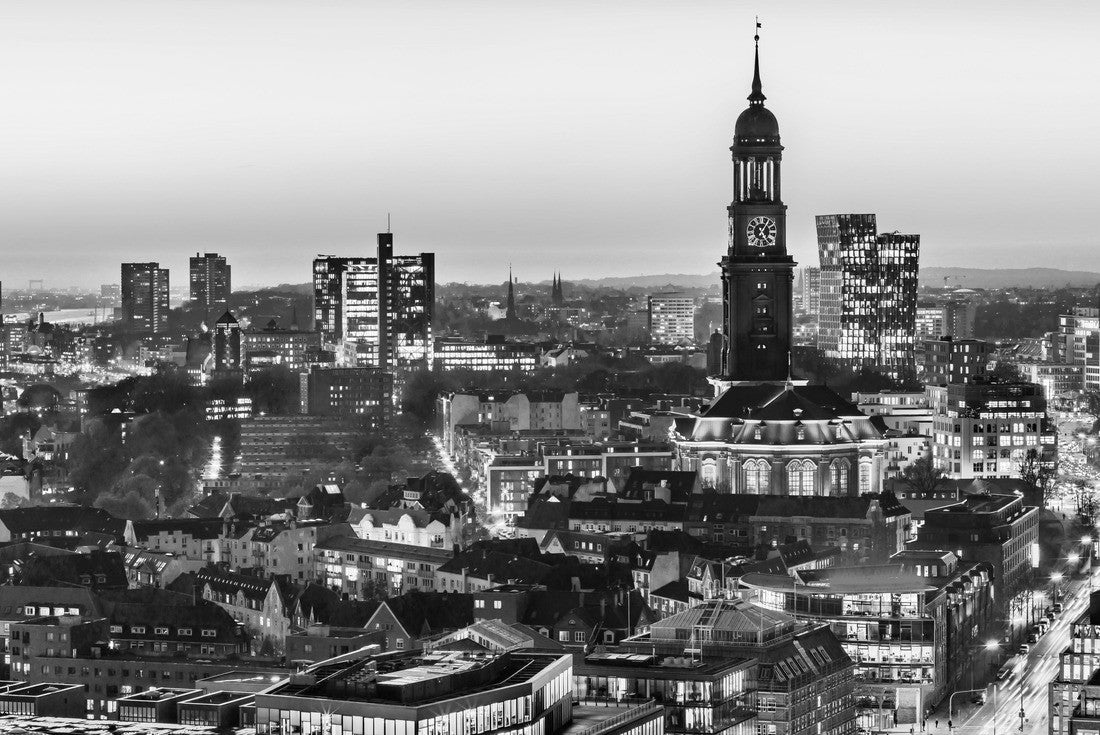 Aerial view of the harbor, St. Michael's Church (German: St. Michaelis) and downtown Hamburg, Germany 2000pc PuzzleBlack and White