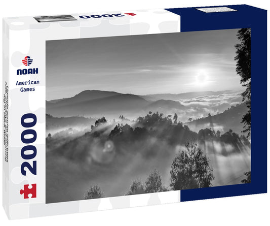 Noah Jigsaw Puzzle Uganda sunrise with trees, hills, shadows and morning fog in black white 2000 pieces