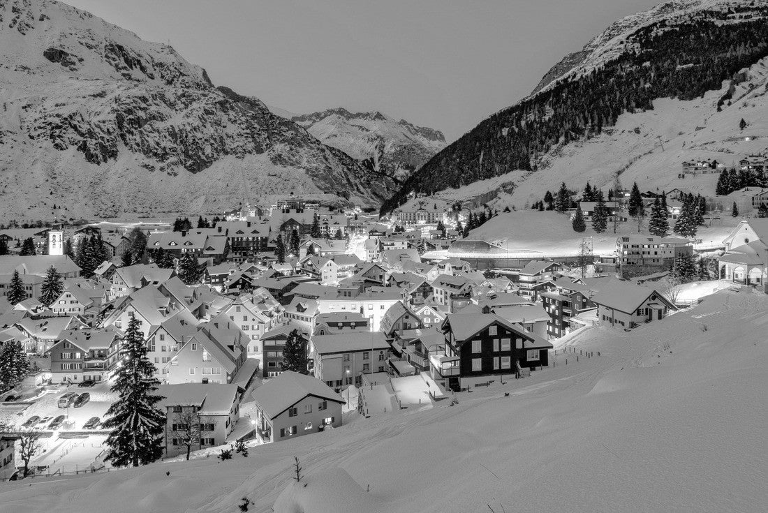 Andermatt village in the Swiss Alps, snow-covered in winter with blue evening light, view, Uri, Switzerland 2000pc PuzzleBlack and White