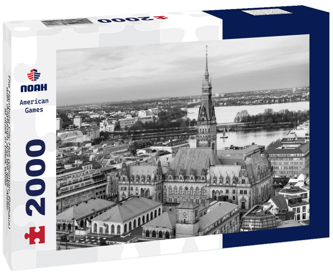 The Hamburg City Hall (German: Rathaus) with downtown and the lake Alster at dusk 2000pc PuzzleBlack and White
