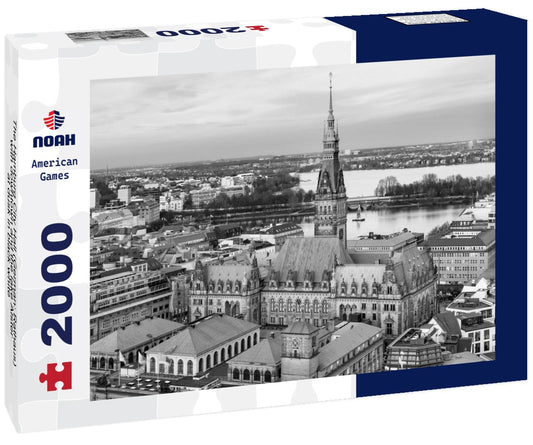 Noah Jigsaw Puzzle The Hamburg City Hall (German: Rathaus) with downtown and the lake Alster at dusk in black white 2000 pieces