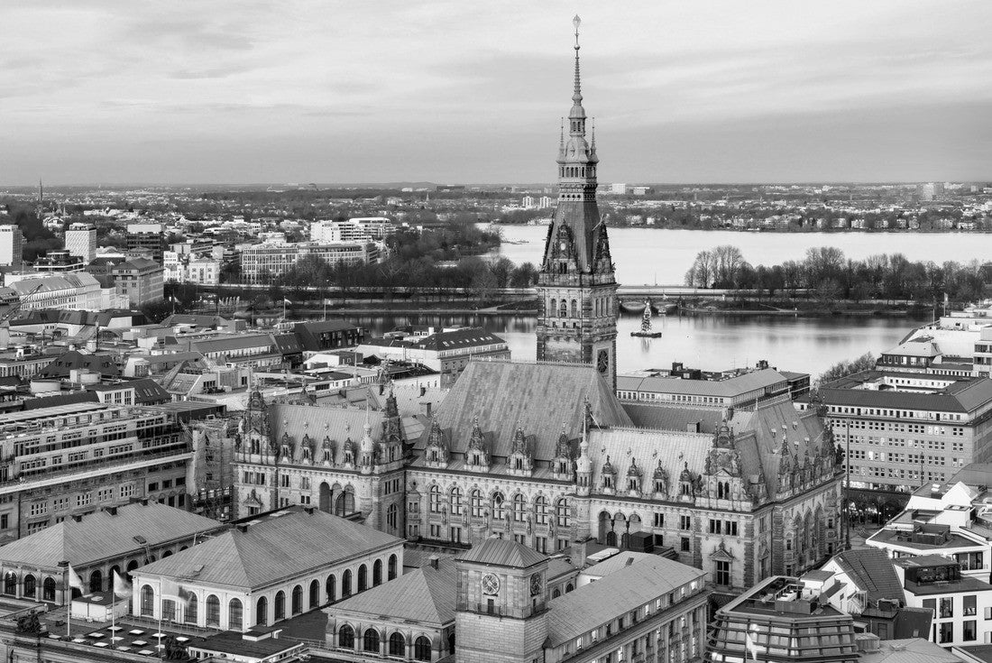 The Hamburg City Hall (German: Rathaus) with downtown and the lake Alster at dusk 2000pc PuzzleBlack and White