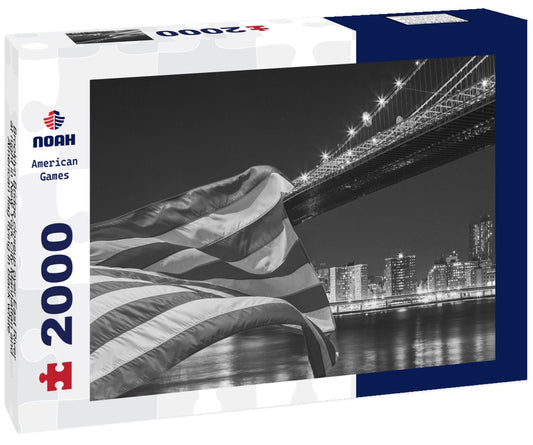 Noah Jigsaw Puzzle Brooklyn Bridge closeup over East River at night in New York City Manhattan and American flag flying in black white 2000 pieces