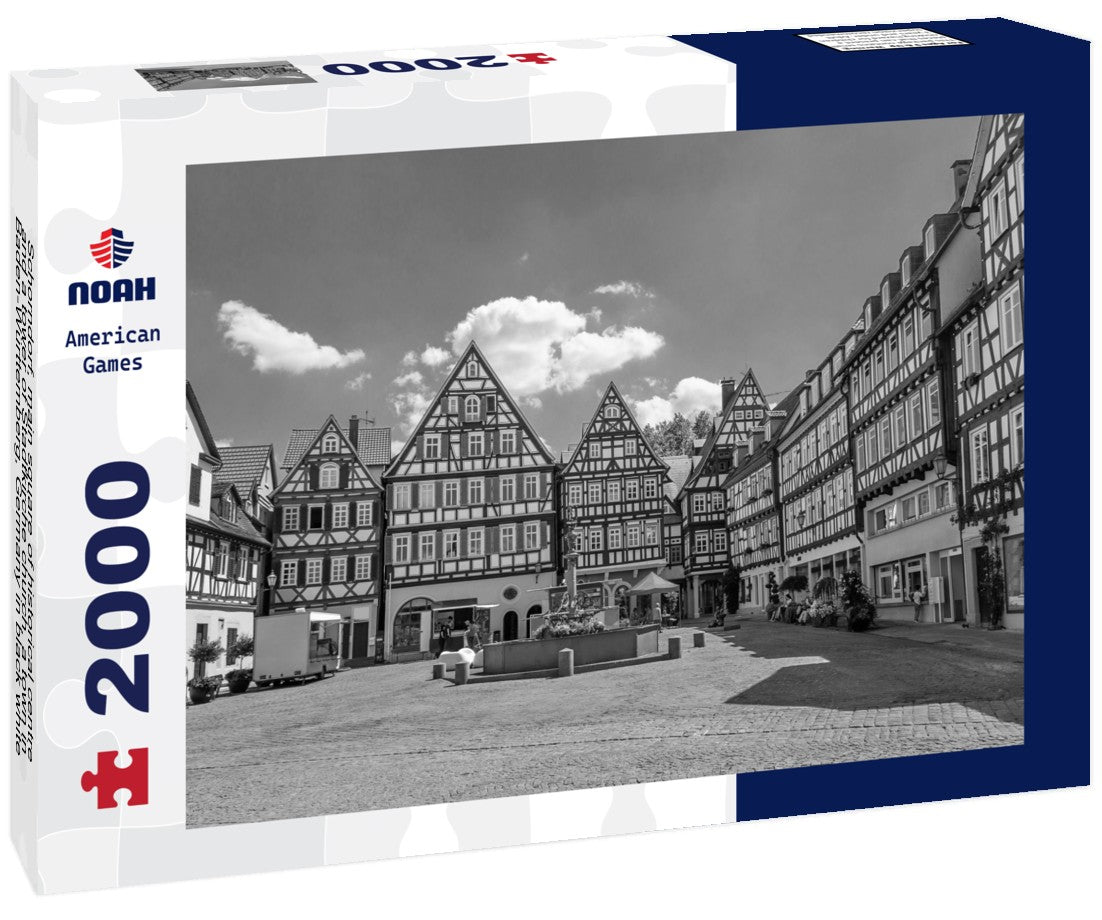 Noah Jigsaw Puzzle Schorndorf, main square of historical centre and a tower of Stadtkirche church, a town in Baden-Württemberg, Germany in black white 2000 pieces