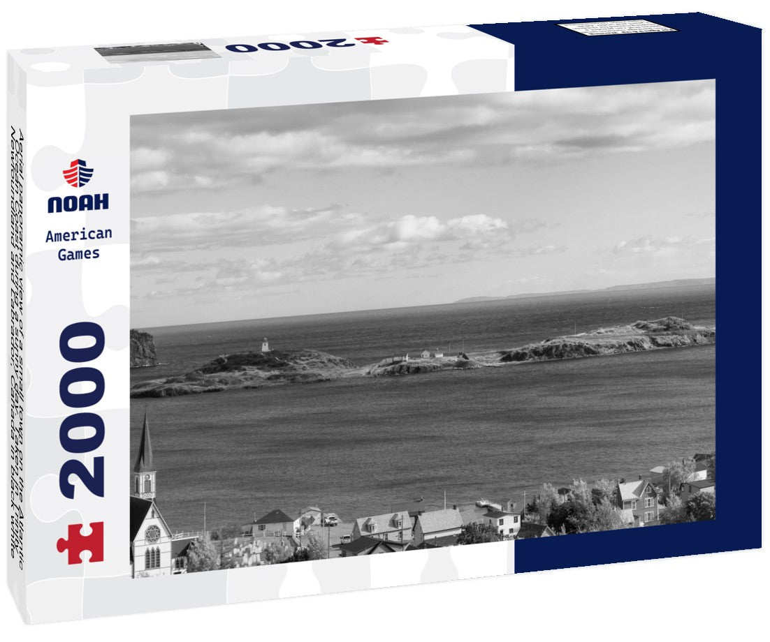 Noah Jigsaw Puzzle Aerial panoramic view of a small town on the Atlantic Ocean Coast during a sunny day. Taken in Trinity, Newfoundland and Labrador, Canada in black white 2000 pieces