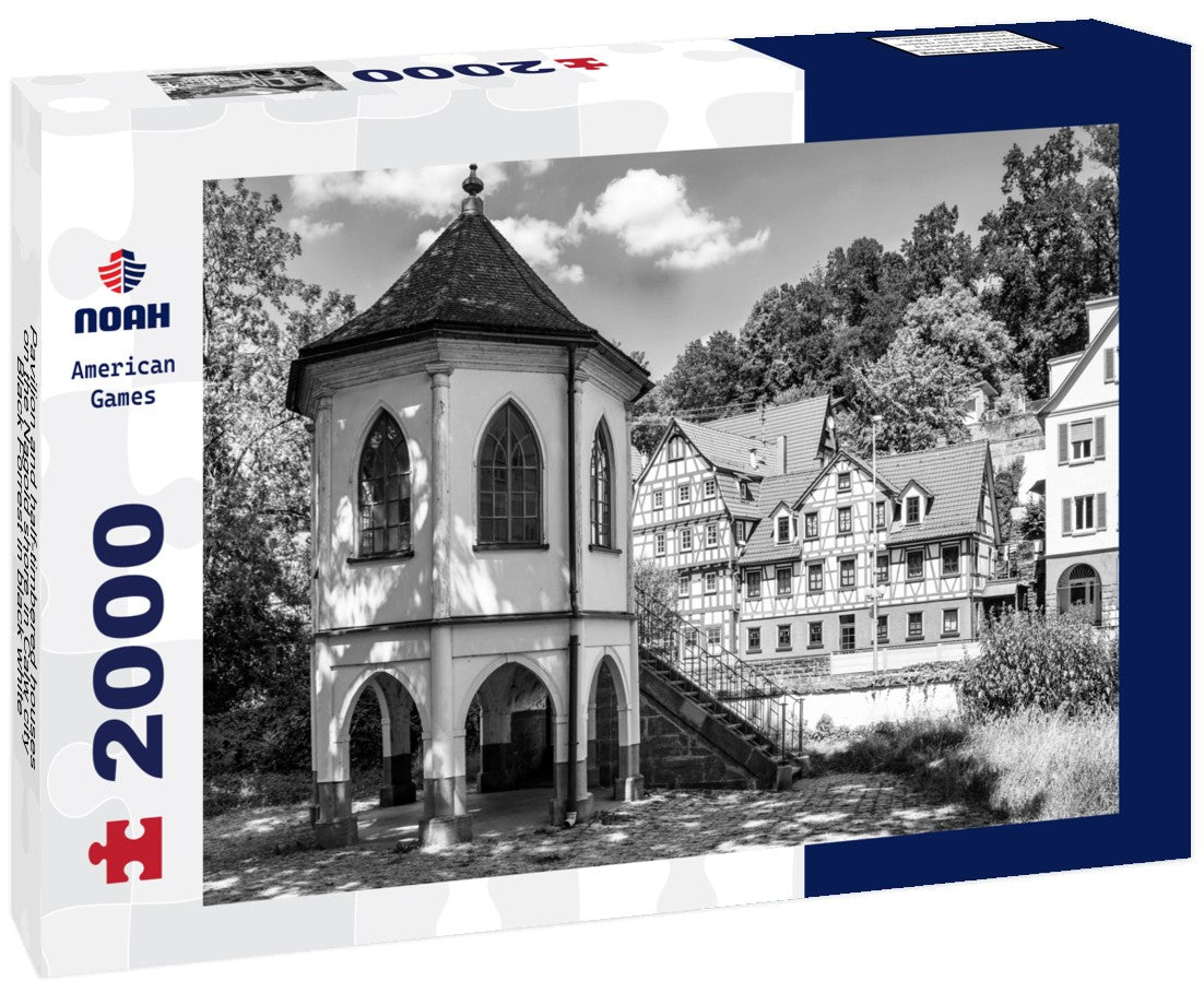Pavilion and half-timbered houses on the Nagold shore in Calw city, Black Forrest 2000pc PuzzleBlack and White