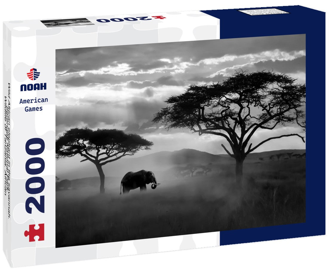 Wild African elephant in the savannah. Serengeti National Park. Wildlife of Tanzania. African landscape 2000pc PuzzleBlack and White