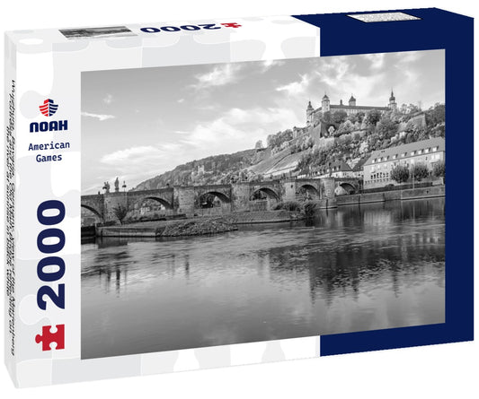 Noah Jigsaw Puzzle Wurzburg, Bavaria, Germany, view of the Marienberg Fortress and the Old Main Bridge reflecting on the river at sunrise in black white 2000 pieces