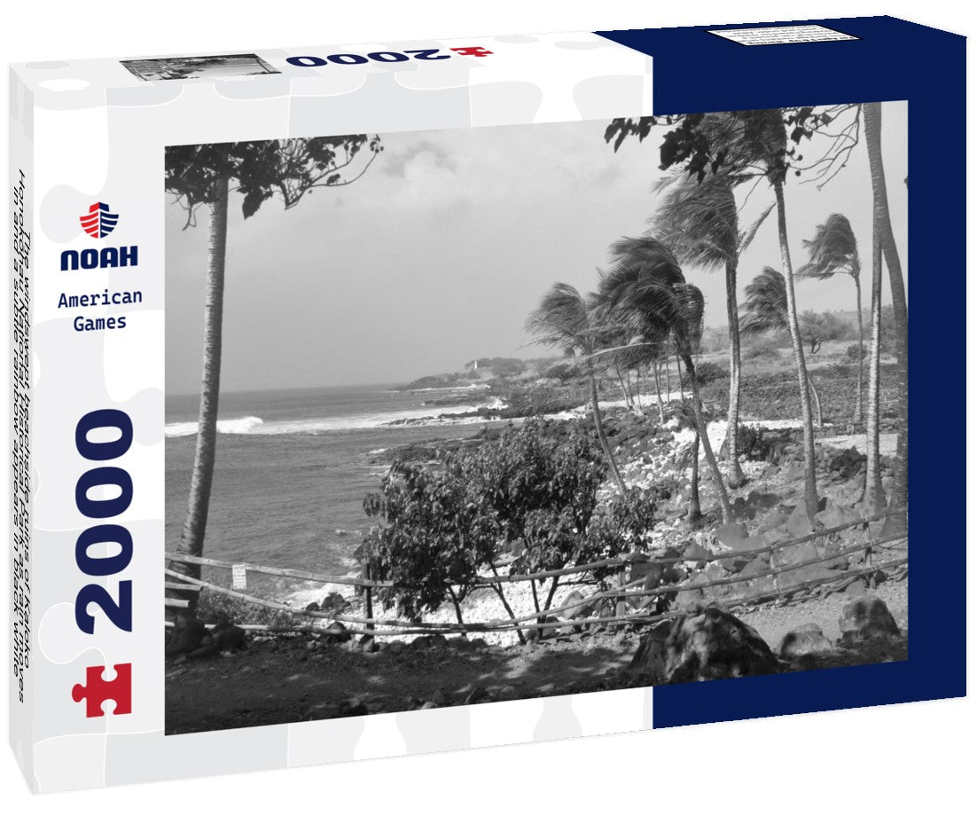 Noah Jigsaw Puzzle The windswept beachside ruins of Kaloko-Honokohau National Historical Park as rain moves in and a subtle rainbow appears in black white 2000 pieces