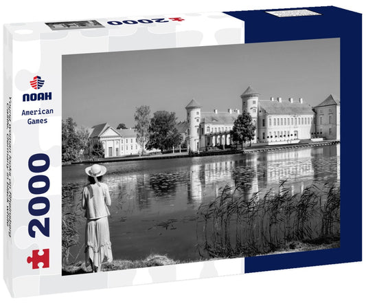 Noah Jigsaw Puzzle Young woman looks on Rheinsberg Castle, Germany in black white 2000 pieces